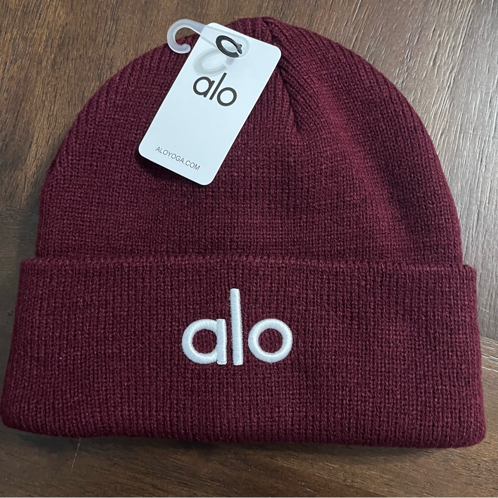 ALO Yoga Burgundy Knit Beanie with White Embroidered Logo